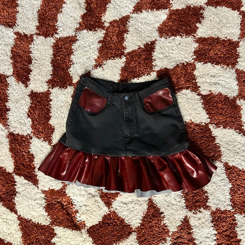 Ruffled Denim and Red Mini Skirt with Ruffles - Picture 1 of 6